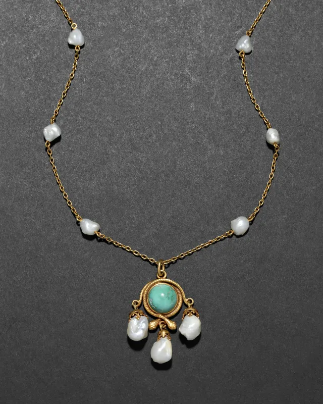 Antique 1800s 14k Gold with Natural Pearl & Turquoise Pendant on Snake Chain Necklace sold by Alexis Bittar