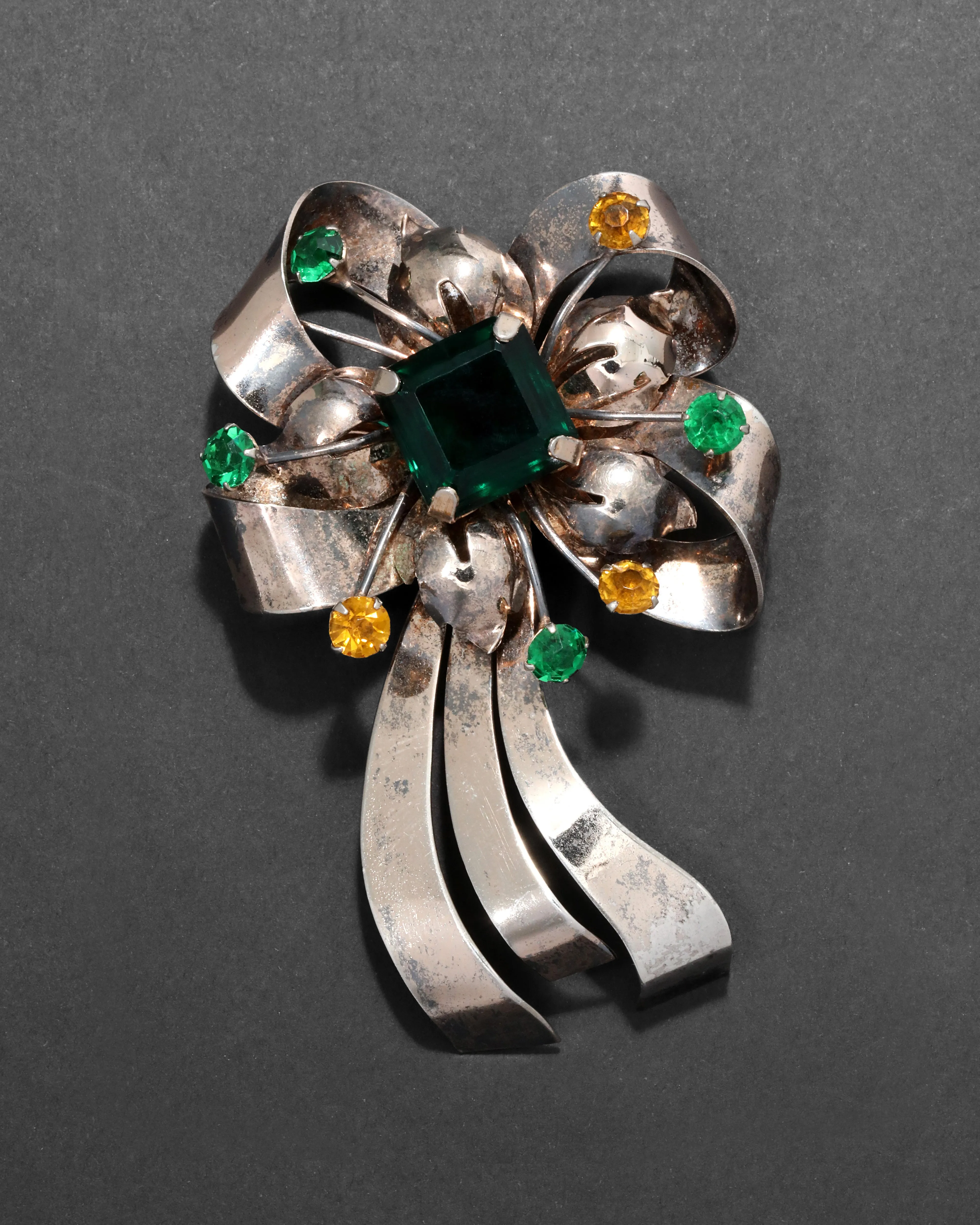 Vintage 1940s Sterling Silver & Crystal Open Metalwork Floral Pin sold by Alexis Bittar