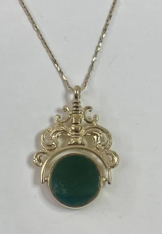 Antique 1900s 9k Gold with Bloodstone & Onyx English Fob Pendant Necklace on 14k Gold Chain sold by Alexis Bittar