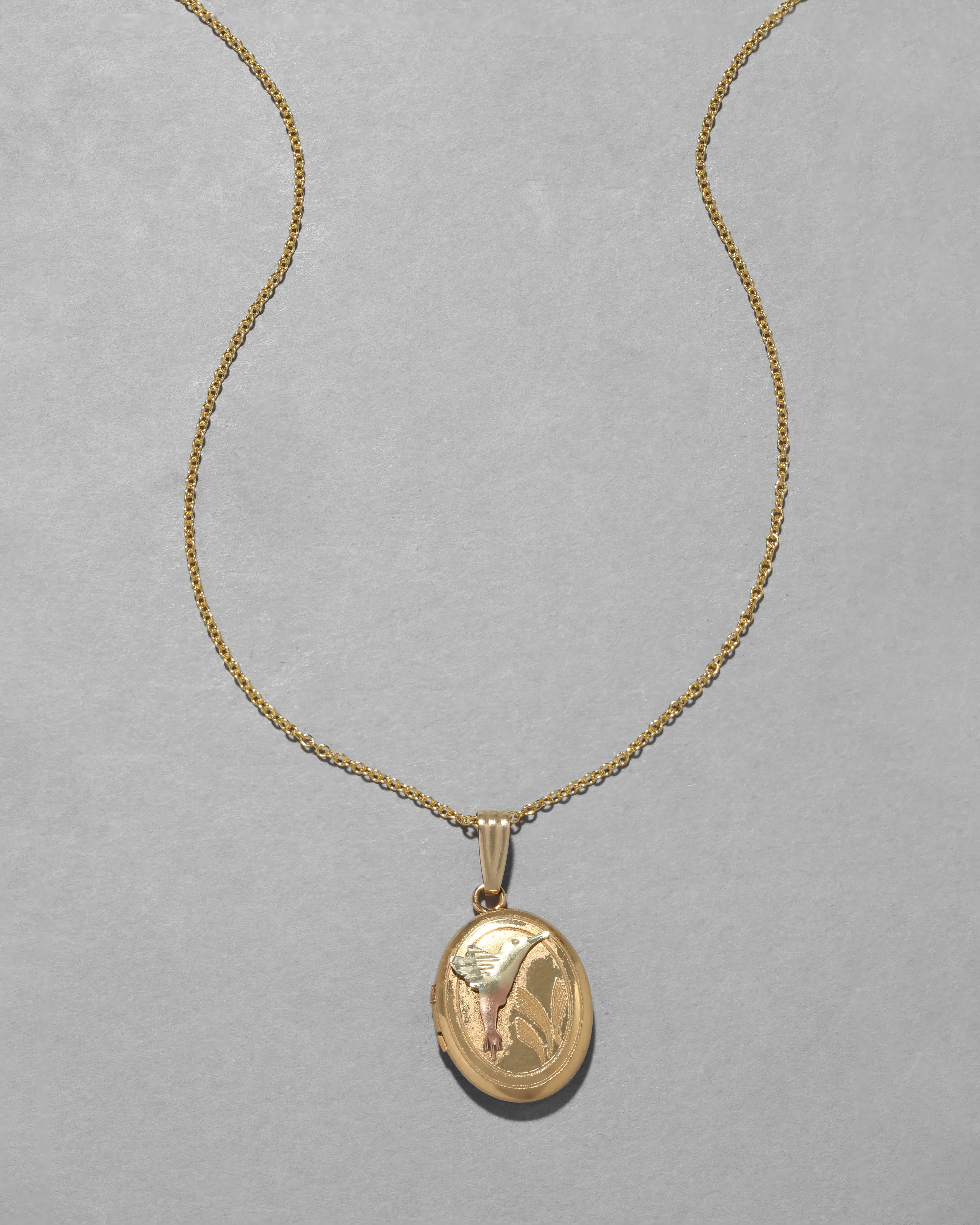 Vintage 1940s 14k Tricolor Gold Fill Hummingbird Locket Necklace sold by Alexis Bittar