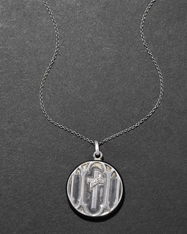 Antique 1920s Sterling Silver Cross Locket Pendant Necklace sold by Alexis Bittar