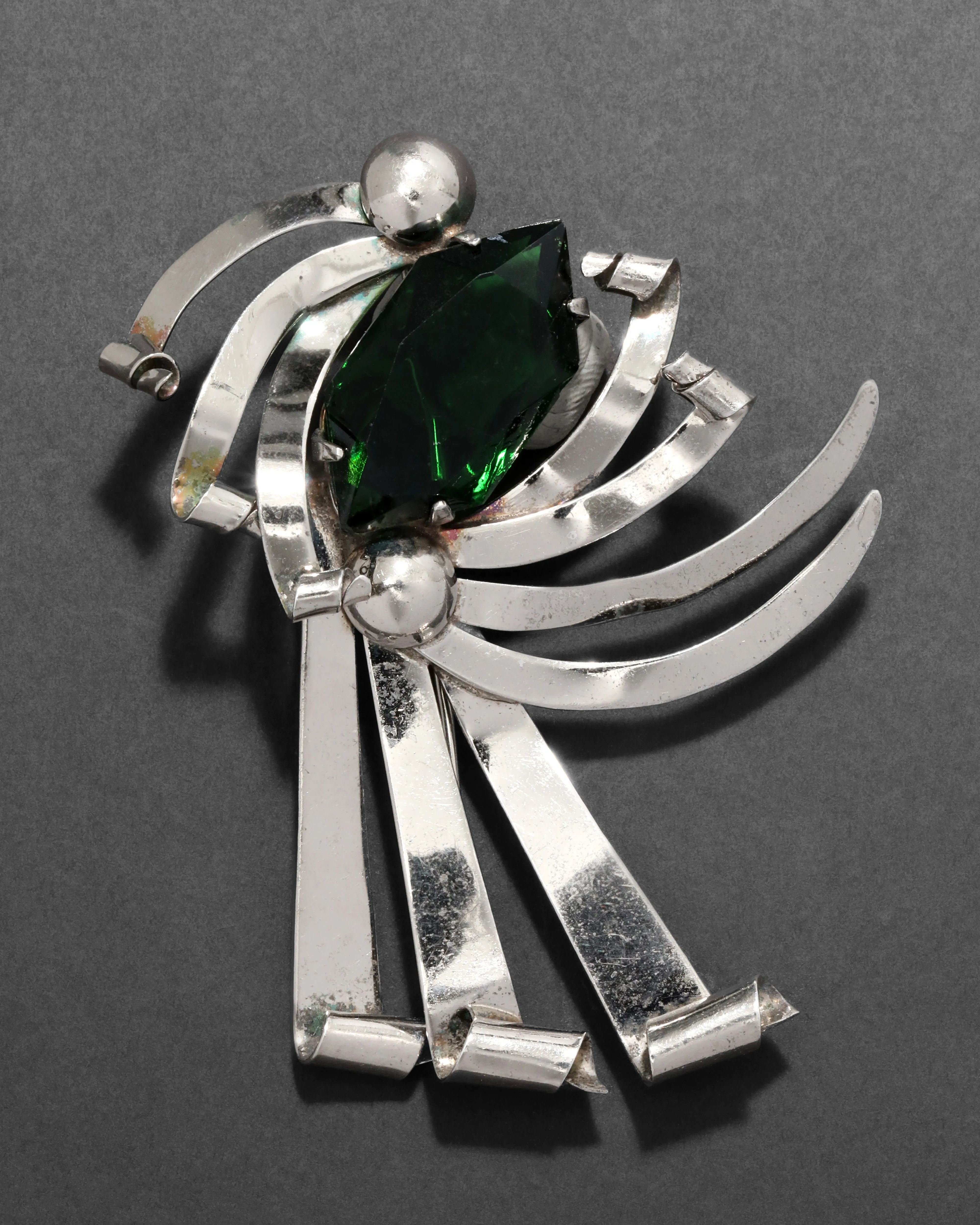 Vintage 1940s Sterling Silver & Cut Crystal Open Metalwork Fan Pin sold by Alexis Bittar