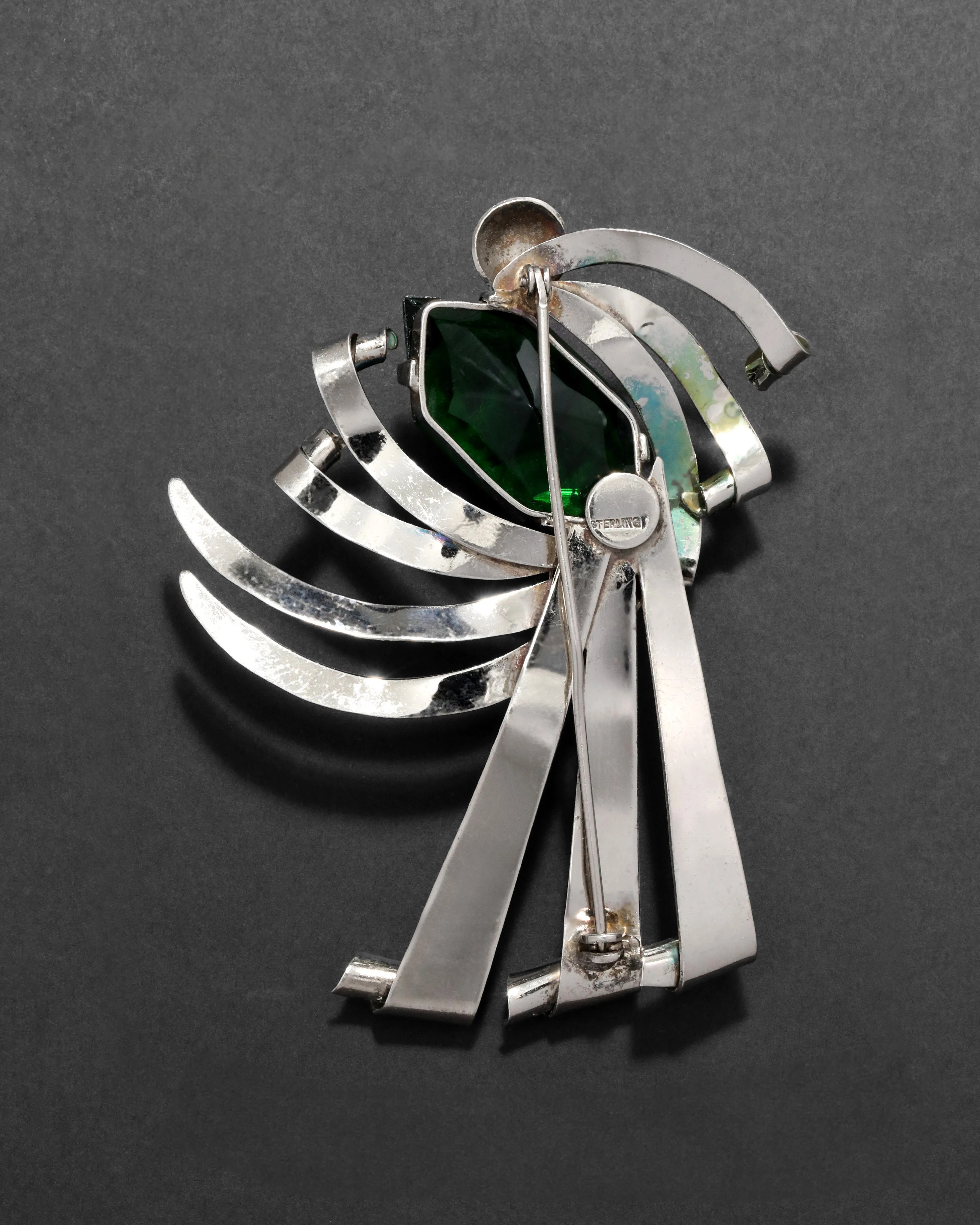 Vintage 1940s Sterling Silver & Cut Crystal Open Metalwork Fan Pin sold by Alexis Bittar product image thumbnail 2