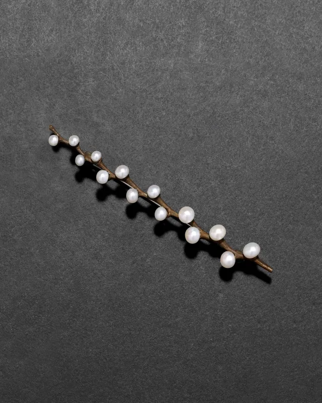Vintage 1980s Handmade Bronze Branch with Cultured Pearl Pin made by Alexis Bittar