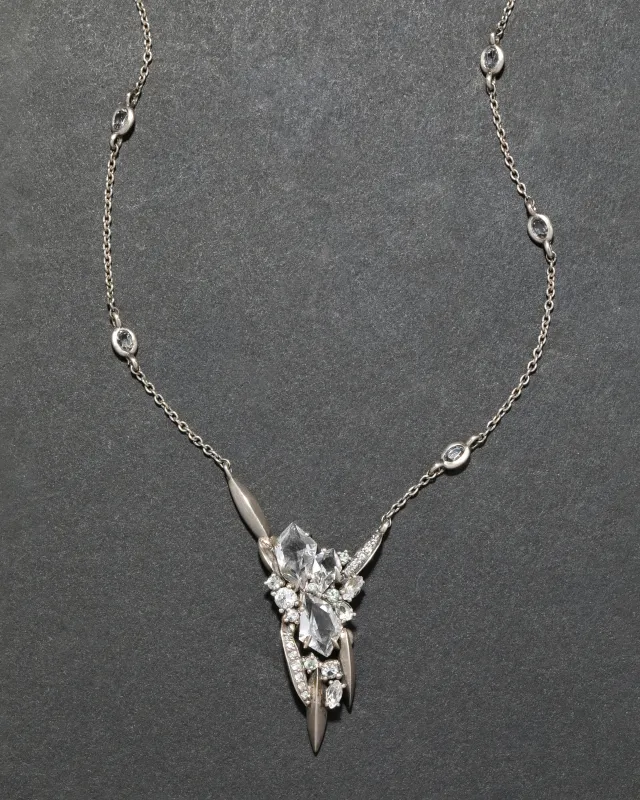 Archive Fine Sterling Silver Clear Quartz, Green Topaz and White Diamond Marquis Cluster Pendant Necklace sold by Alexis Bittar