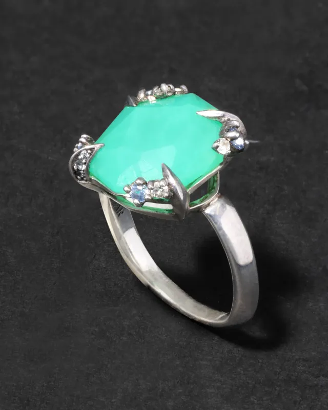 Archive Fine Sterling Silver Chrysoprase with White and Blue Sapphire Cluster Set Ring sold by Alexis Bittar