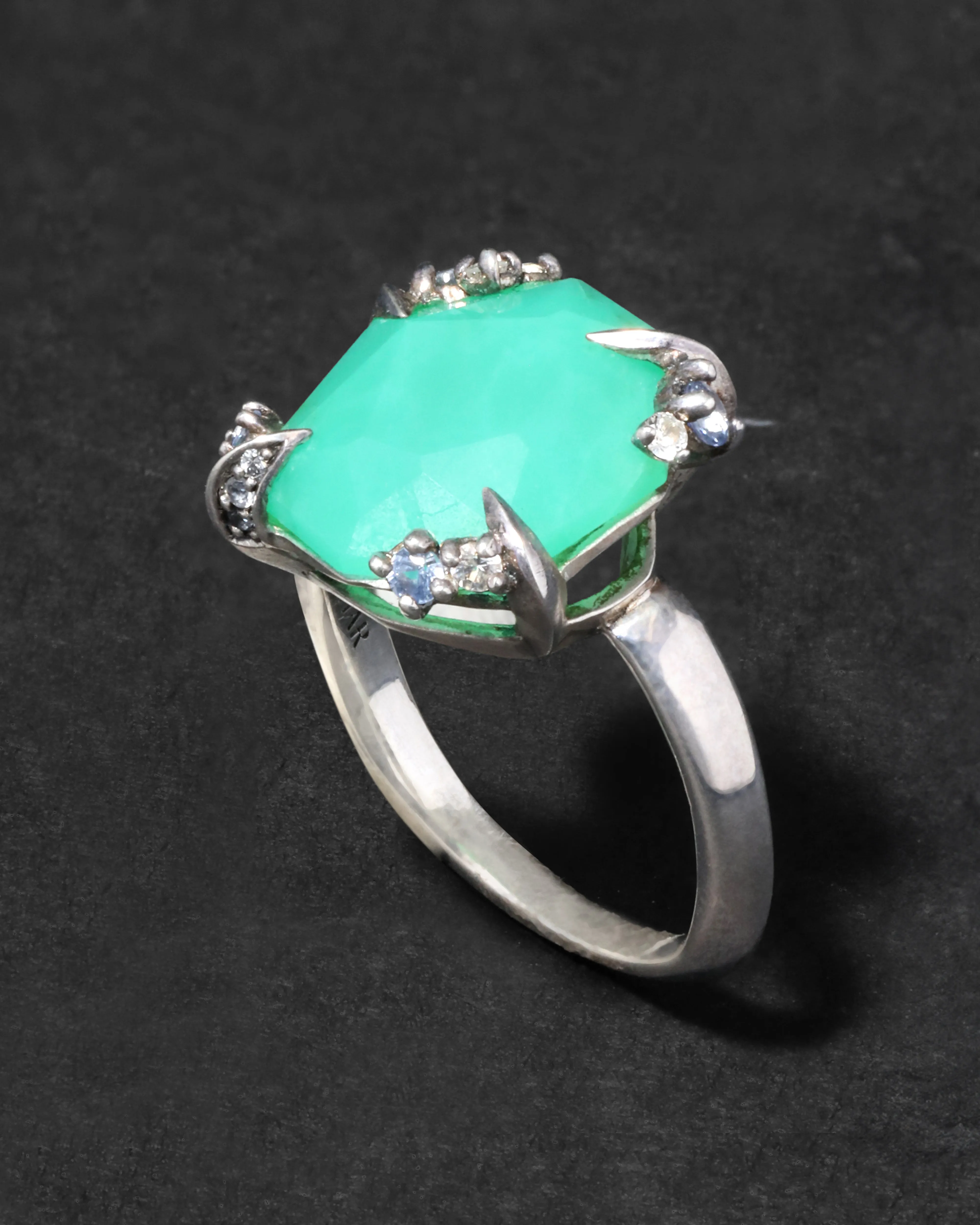 Archive Fine Sterling Silver Chrysoprase with White and Blue Sapphire Cluster Set Ring sold by Alexis Bittar