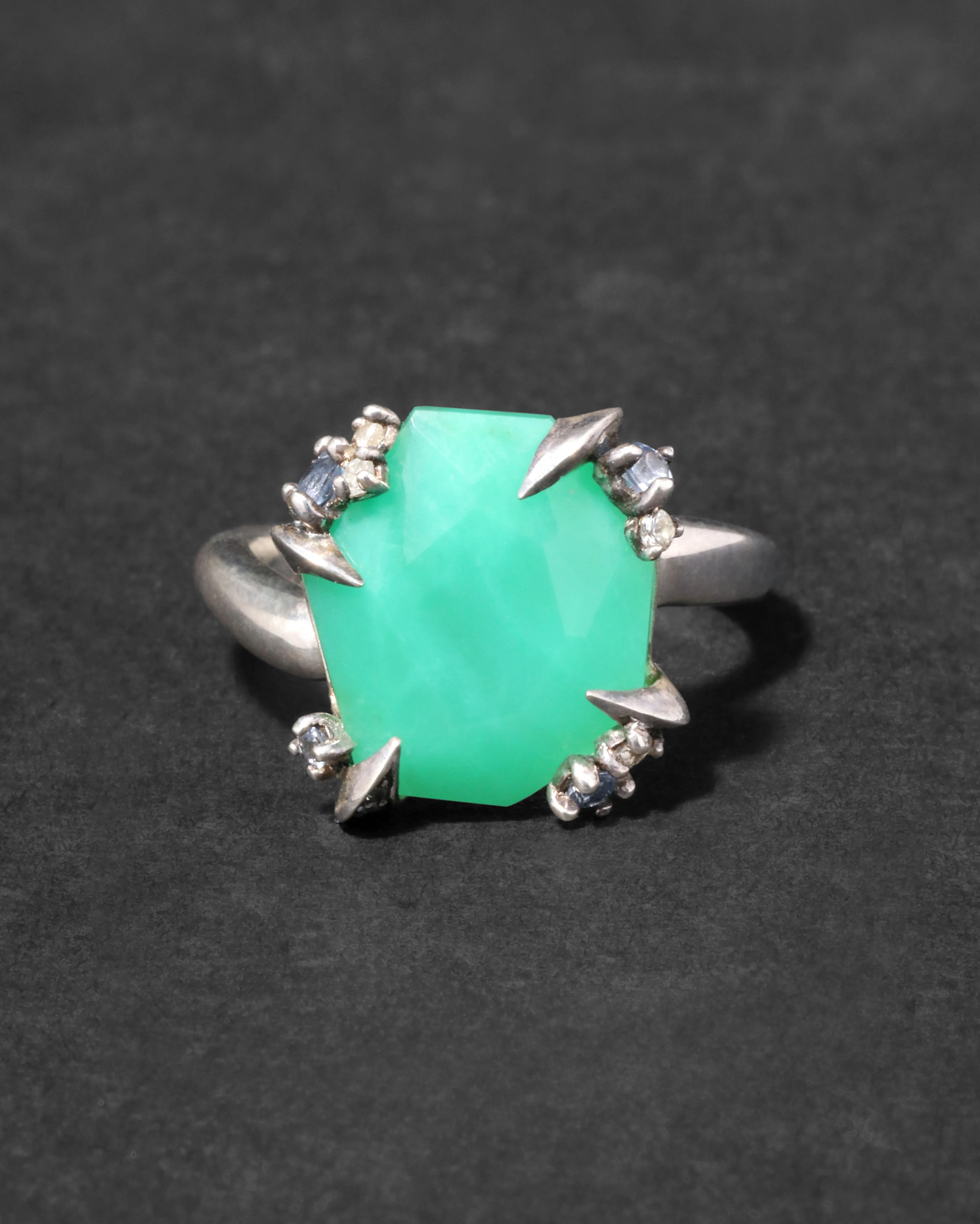 Archive Fine Sterling Silver Chrysoprase with White and Blue Sapphire Cluster Set Ring sold by Alexis Bittar product image thumbnail 2