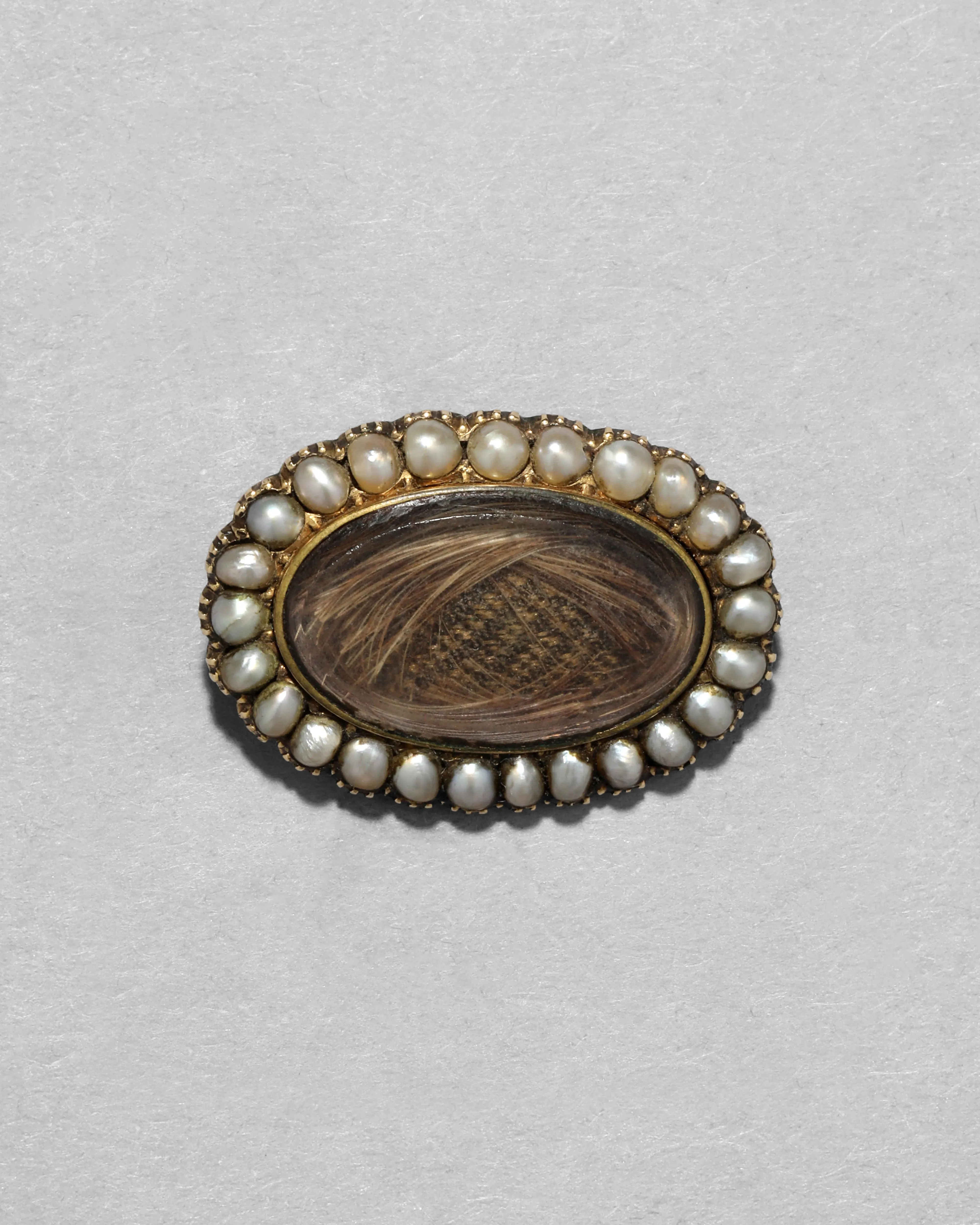 Antique Mid 1800s 14k Gold Mourning Pin with Natural Pearl & Braided Hair sold by Alexis Bittar