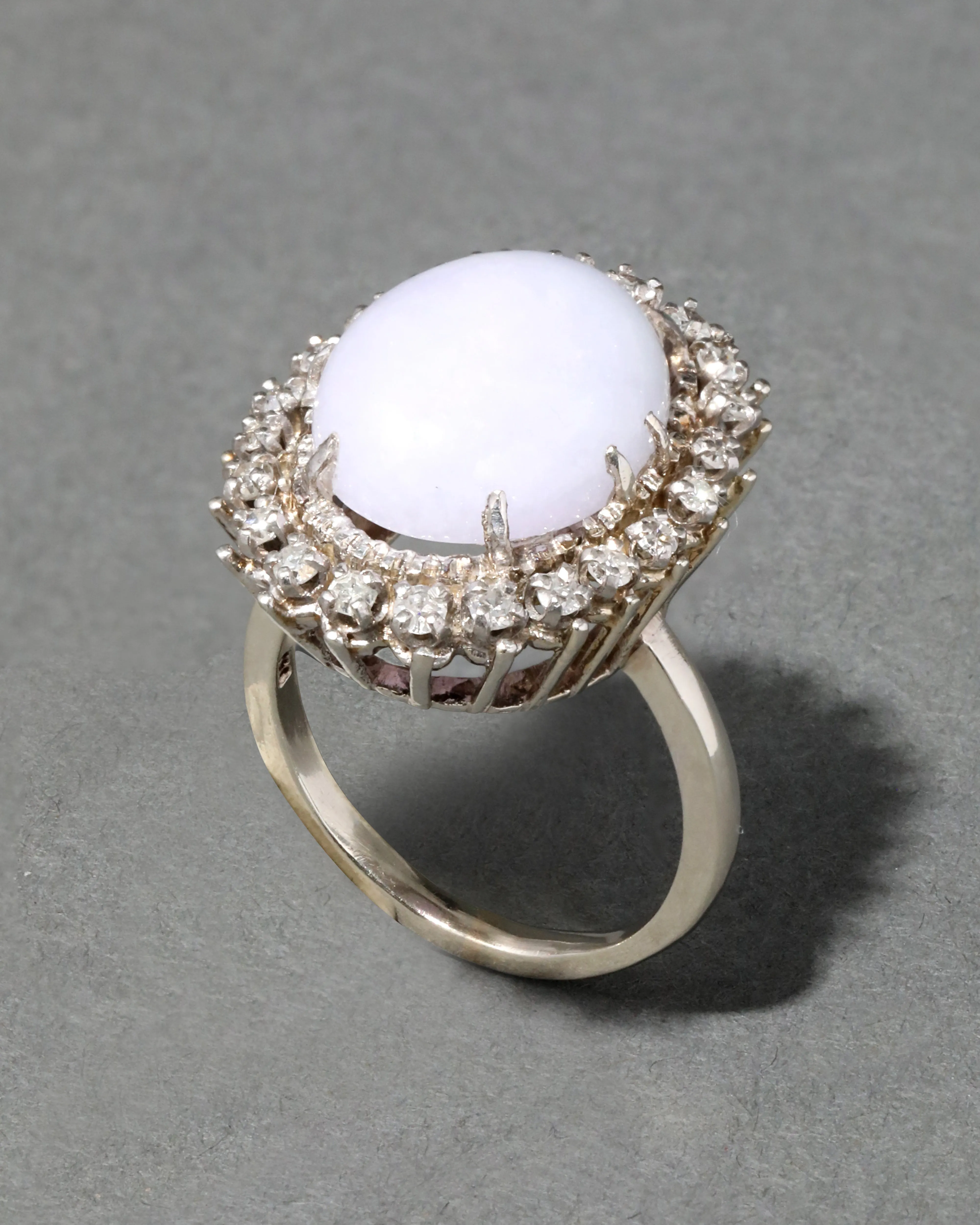 Vintage 1950s 14k White Gold Lavender Jadeite & Diamond Halo Ring sold by Alexis Bittar