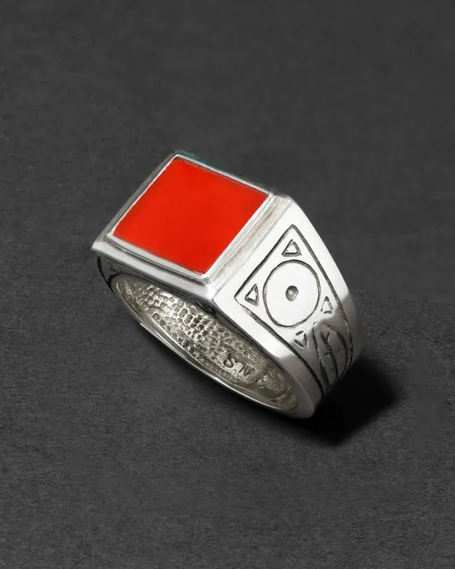 Vintage 1980s Sterling Silver & Table Cut Carnelian Hand Etched Men's Ring made by Alexis Bittar
