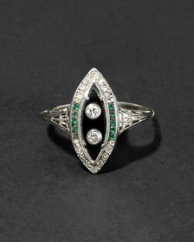 Antique 1910s 14k White Gold with Diamond, Emerald & Onyx Marquis Ring sold by Alexis Bittar
