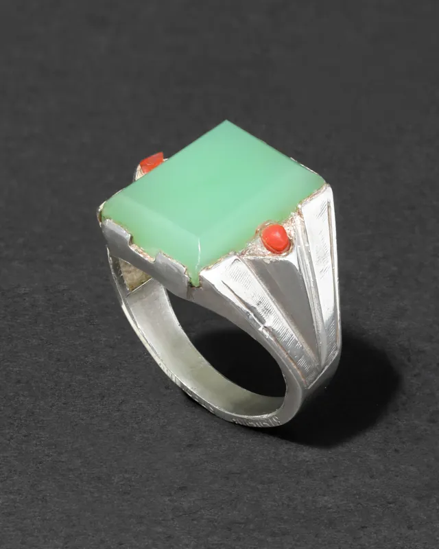 Vintage 1930s Sterling Silver with Chrysoprase & Coral Handmade Deco Design Men's Ring sold by Alexis Bittar