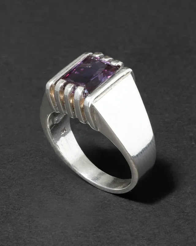 Vintage 1980s Sterling Silver & Amethyst Handmade Modernist Men's Ring made by Alexis Bittar