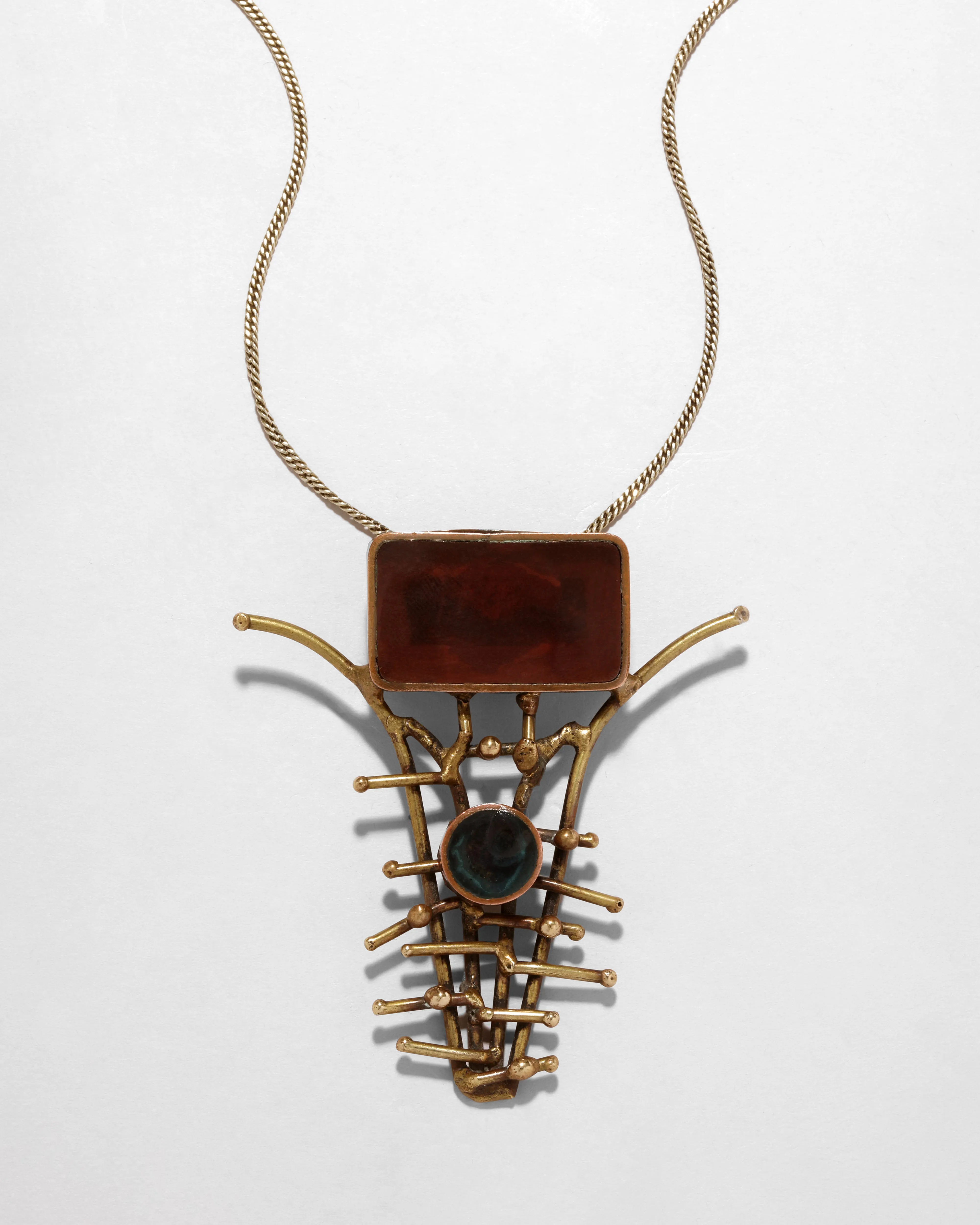 Vintage 1970s Brass & 14k Gold Fill Brutalist Pendant Necklace sold by Alexis Bittar