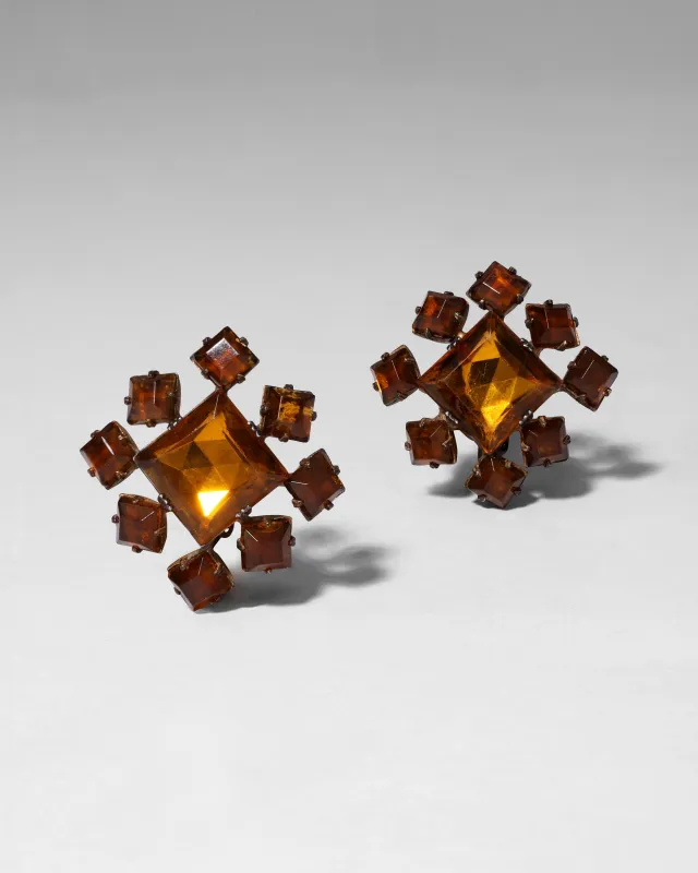 Vintage 1940s Brass & Amber Crystal Clip On Earring made by Alexis Bittar