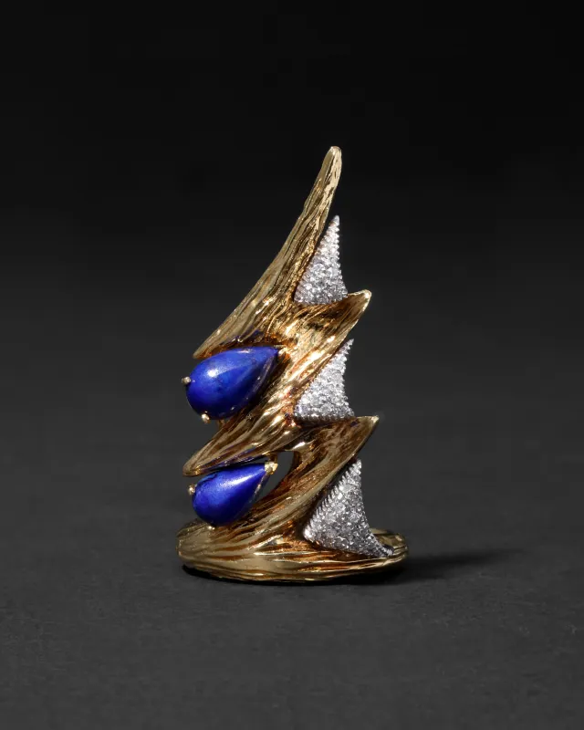 Vintage 1960s Platinum & 18k Gold with Lapis & Diamond Brutalist Ring made by Alexis Bittar
