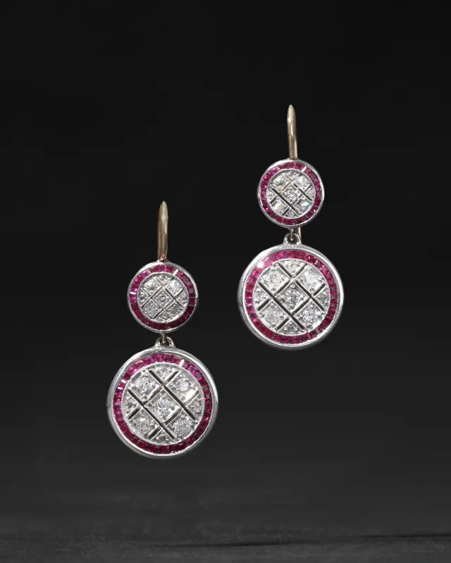 Vintage 1930s Platinum & 14k Gold Ruby & Diamond Deco Drop Earring made by Alexis Bittar