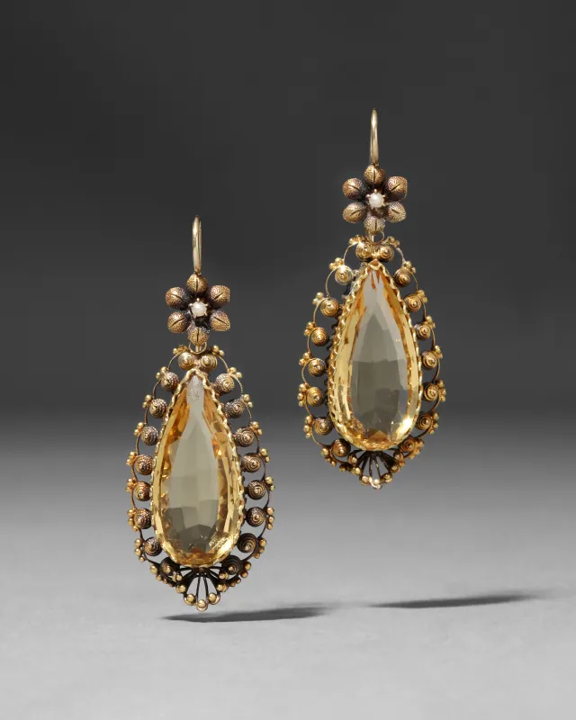 Antique 1850s 14k Gold with Citrine & Pearl Drop Earring made by Alexis Bittar