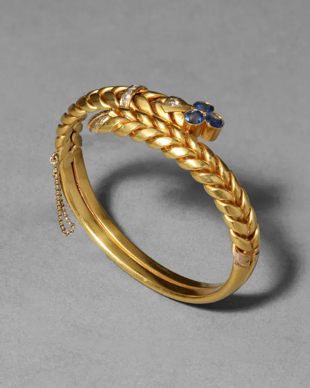 Antique 1870s 14k Gold Sapphire & Rose Cut Diamond Hinge Bracelet made by Alexis Bittar