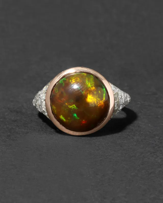 Antique Edwardian 1910s 14k Rose Gold Platinum Opal & Diamond Band Ring made by Alexis Bittar