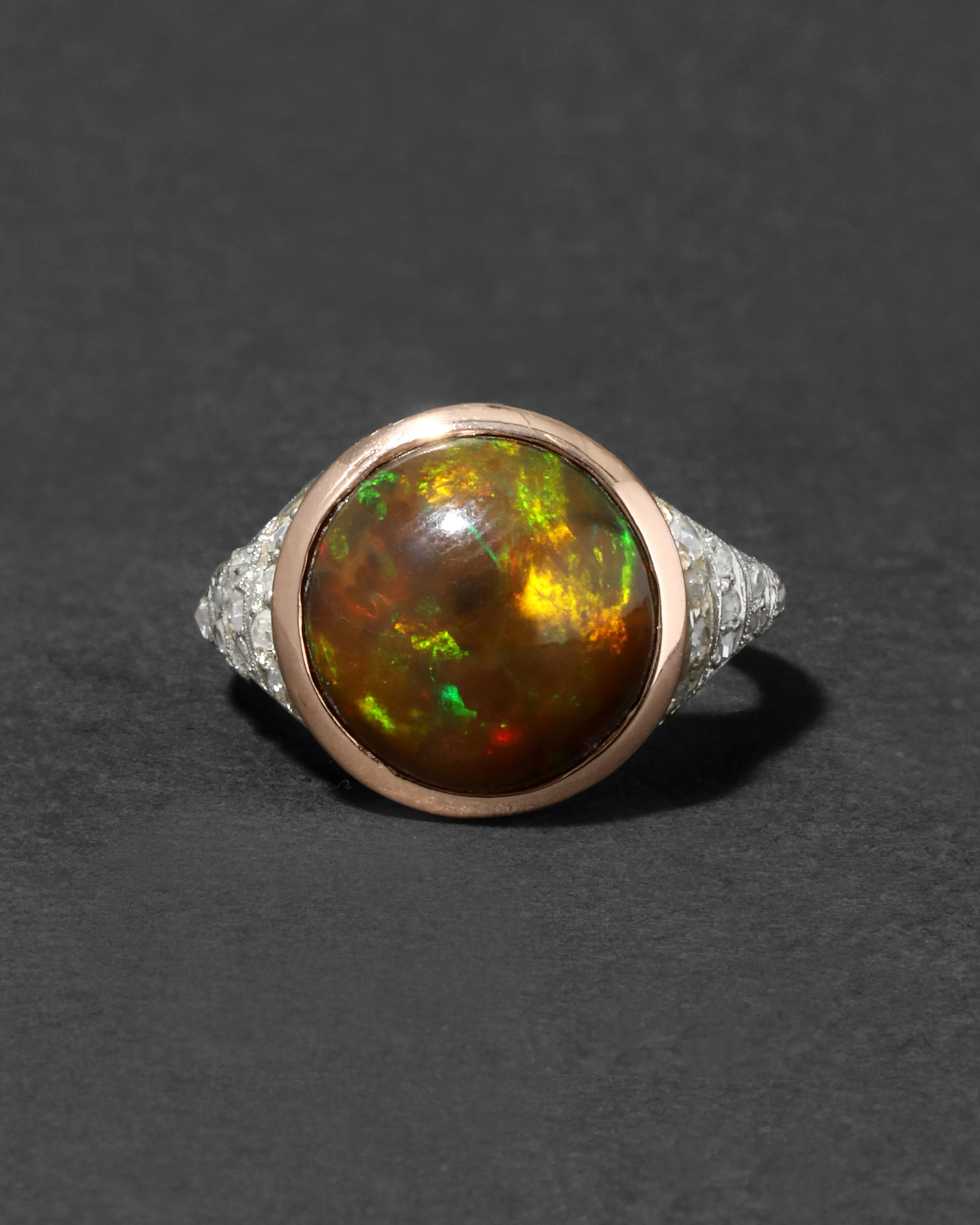 Antique Edwardian 1910s 14k Rose Gold Platinum Opal & Diamond Band Ring sold by Alexis Bittar