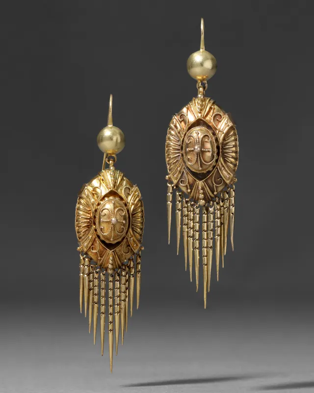 Antique Victorian 1880s 14k Gold Etruscan Revival Fringe Earring made by Alexis Bittar