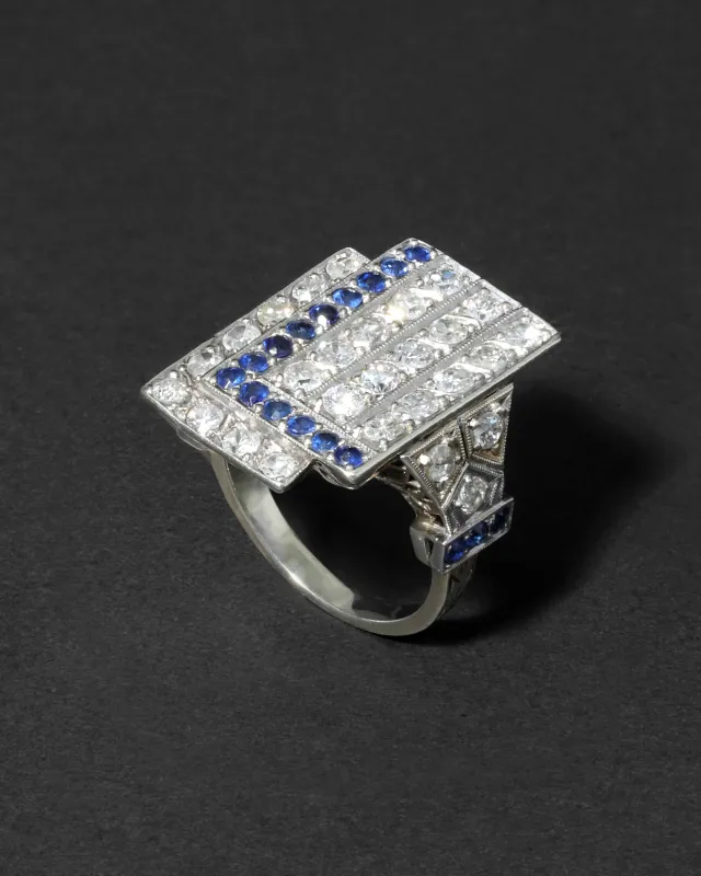 Vintage 1930s 14k White Gold with Sapphire & Diamond Deco Design Ring sold by Alexis Bittar