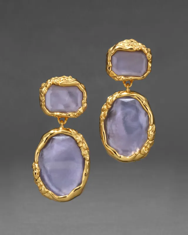 Brut Gold Bezel Drop Clip Earring- Iolite Mother of Pearl made by Alexis Bittar