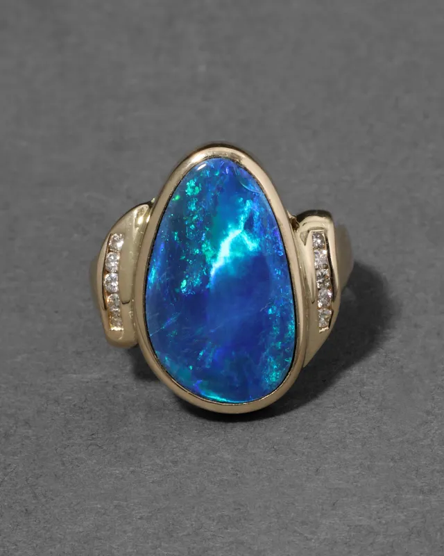Vintage 1970s 14k Gold & Opal with Diamond Border Ring made by Alexis Bittar