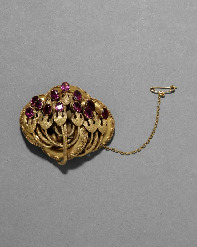 Antique 1800s 14k Gold Fill & Faceted Rhodolite Garnet Pin made by Alexis Bittar