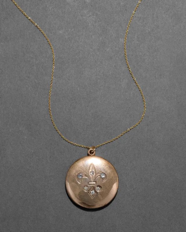 Antique Early 1900s 14k Gold Fill & Paste Crystal Fleur de Lis Locket Pendant Necklace made by Alexis Bittar
