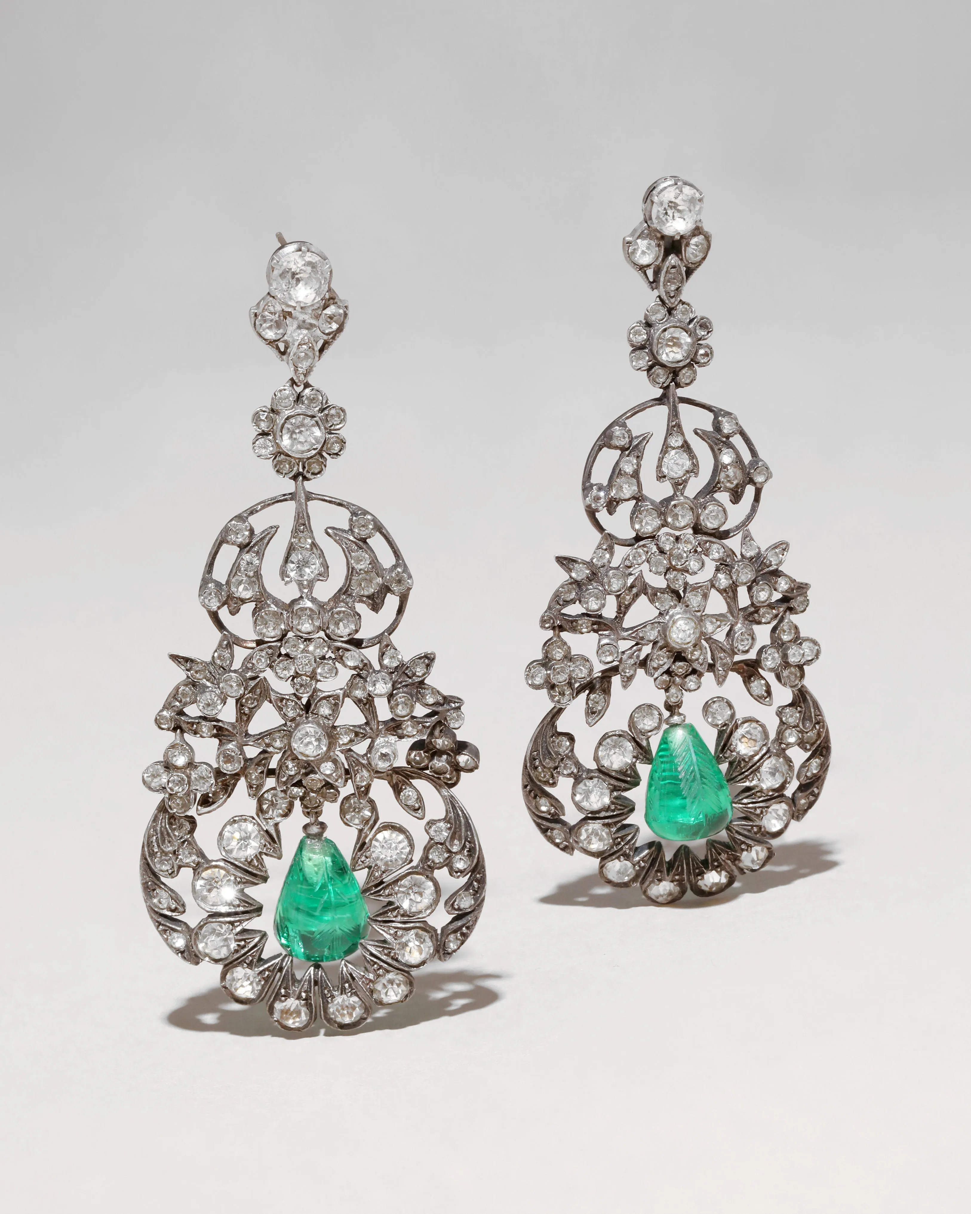 Antique Edwardian Sterling Silver & Paste Stone Earrings with Emerald Glass Drops sold by Alexis Bittar