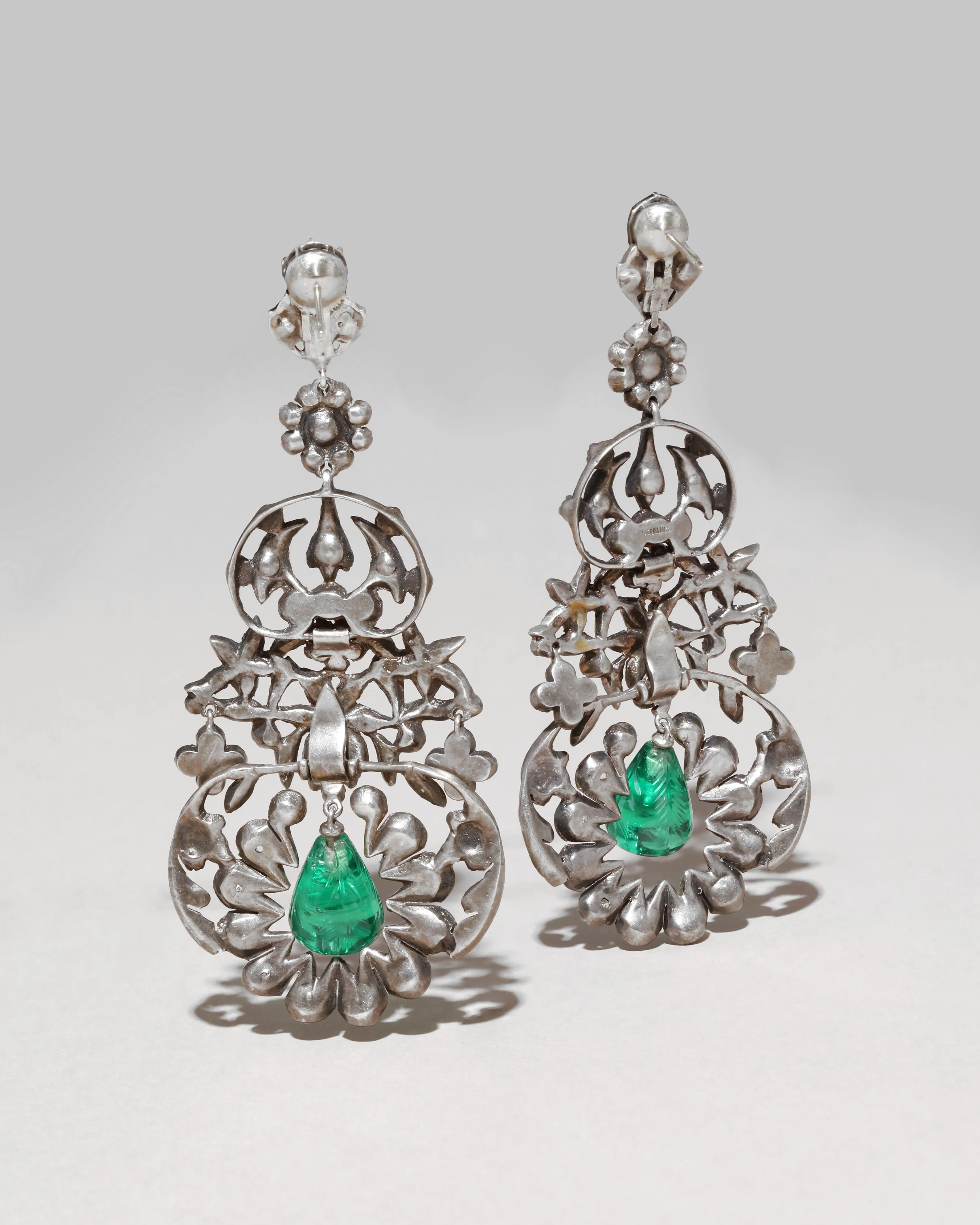 Antique Edwardian Sterling Silver & Paste Stone Earrings with Emerald Glass Drops sold by Alexis Bittar product image thumbnail 2
