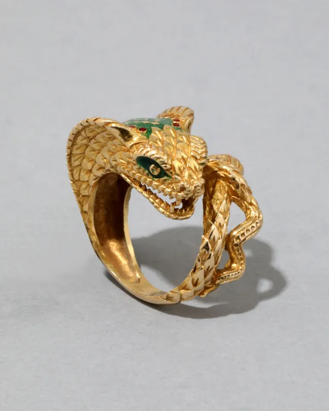 Vintage 18k Gold Polychromed Enamel & Ruby Coiled Cobra Ring sold by Alexis Bittar