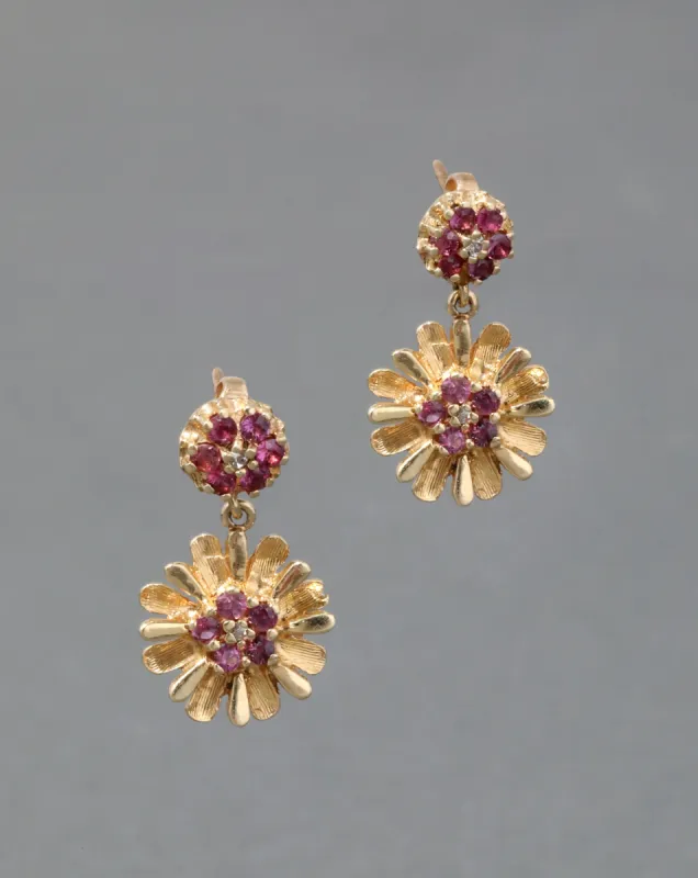 Vintage 1960s 14k Gold & Rhodolite Hand Etched Flower Post Earring sold by Alexis Bittar