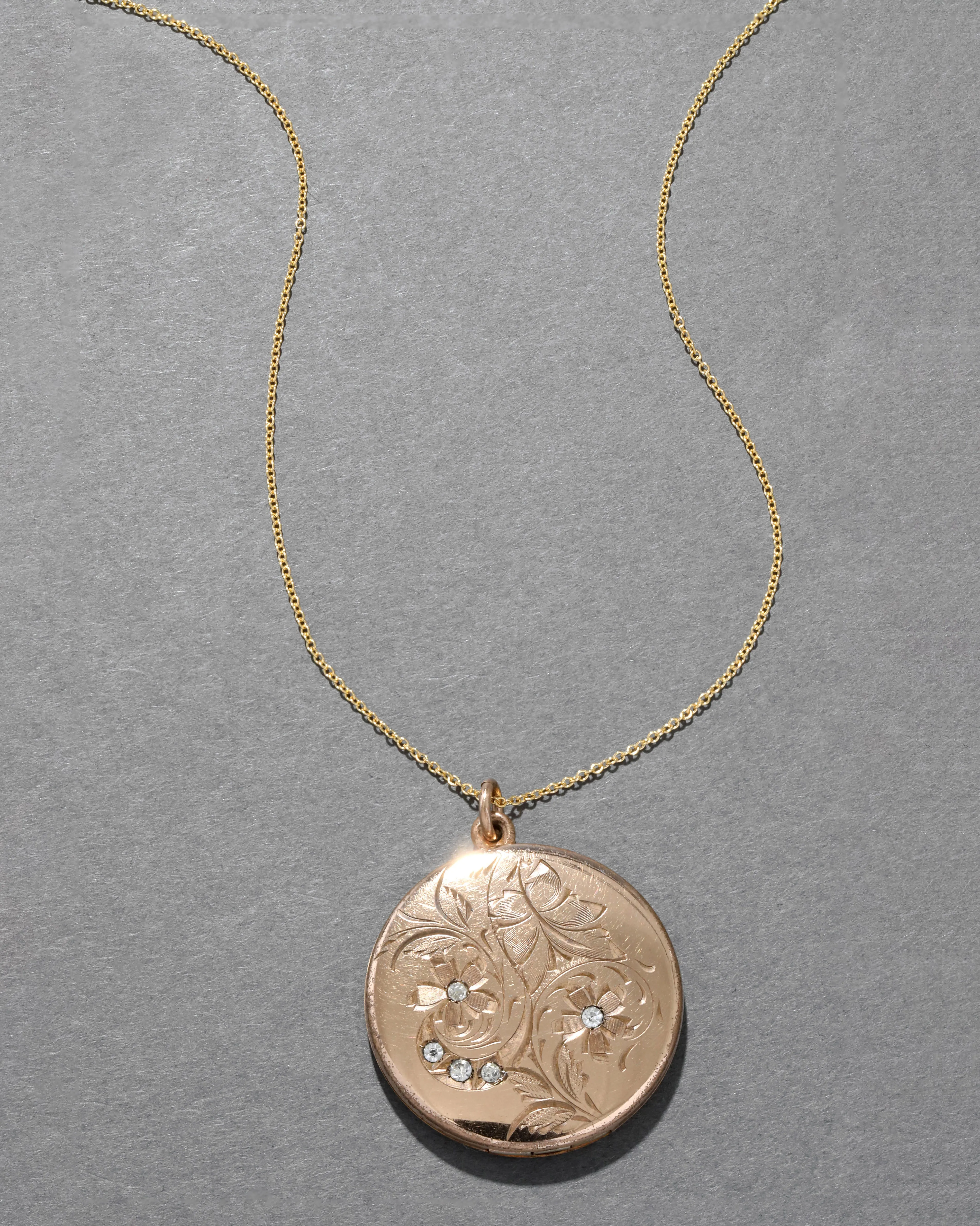 Antique 1890s 14k Gold Filled Hand Etched Floral Locket Necklace sold by Alexis Bittar