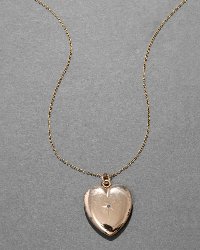 Antique 1920s 14k Gold Filled Crystal Hand Etched Heart Locket Necklace sold by Alexis Bittar