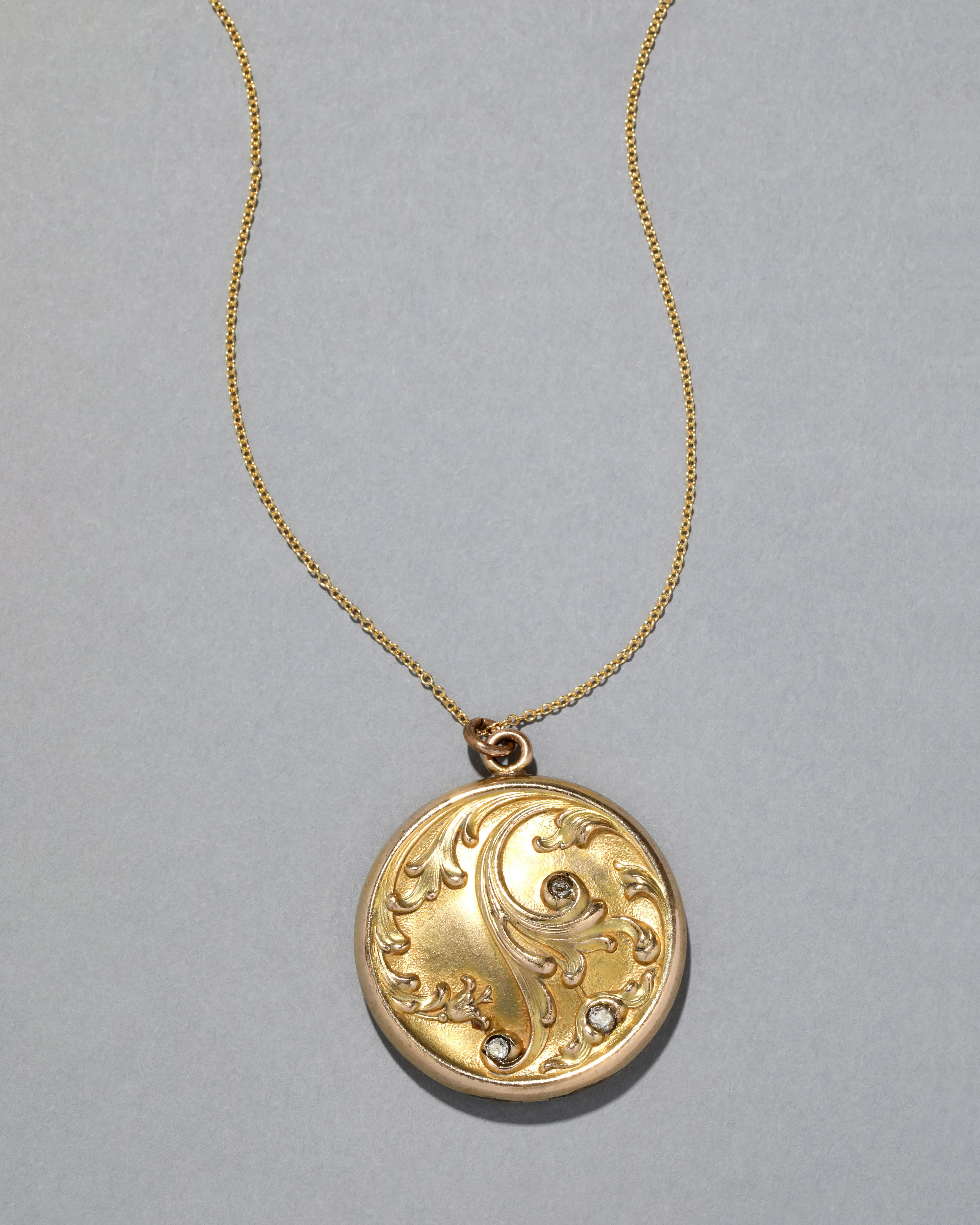 Antique 1890s 14k Gold Filled Art Nouveau Scroll Locket Necklace sold by Alexis Bittar