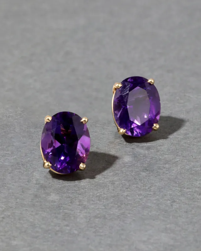 Vintage 14k Gold Oval Fancy Cut Deep Amethyst Post Earring made by Alexis Bittar
