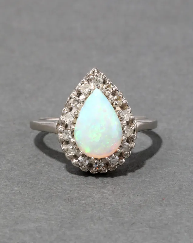 Vintage 1950s 14k White Gold Opal & Diamond Halo Ring sold by Alexis Bittar