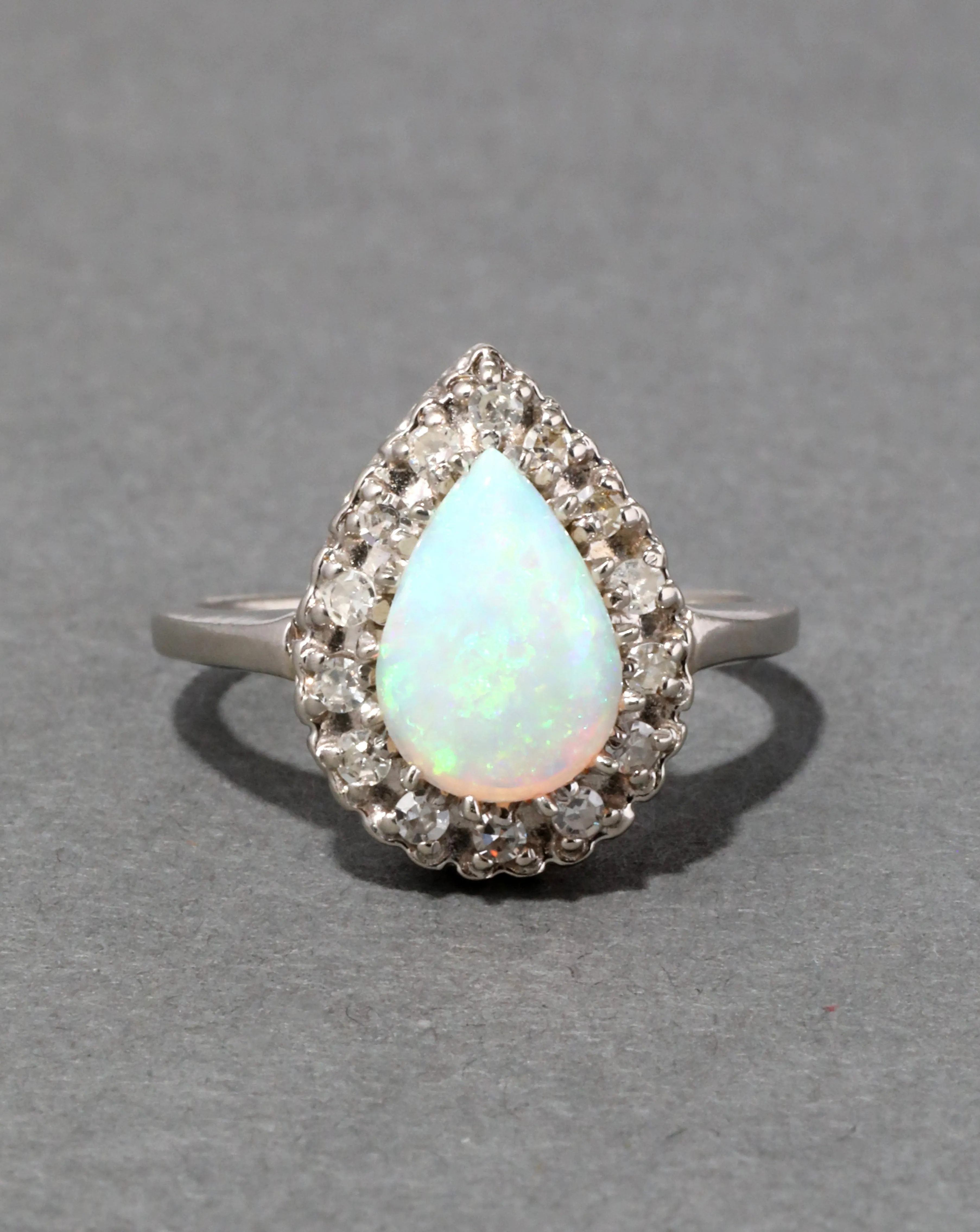 Vintage 1950s 14k White Gold Opal & Diamond Halo Ring sold by Alexis Bittar