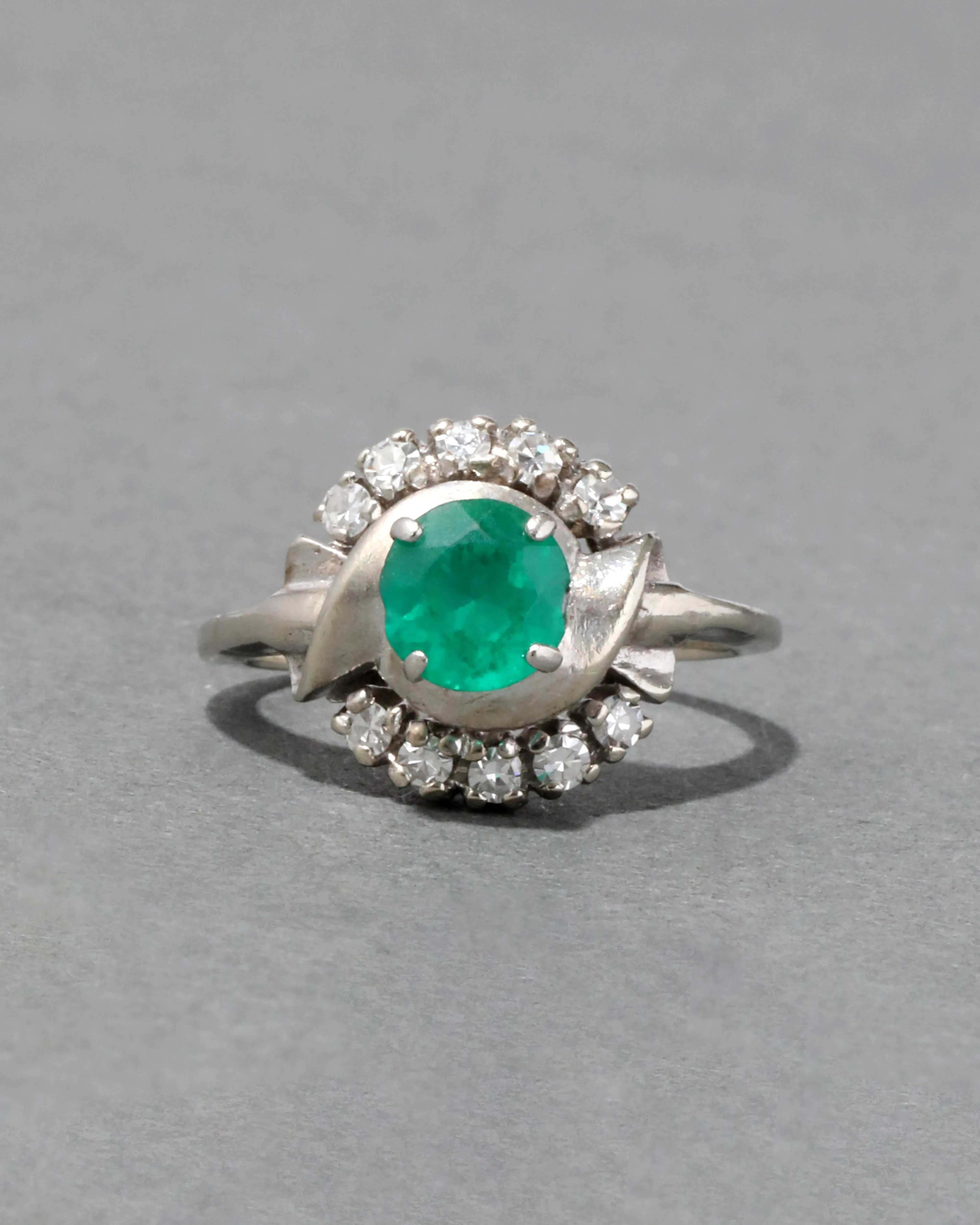 Vintage 1950s 14k White Gold Emerald & Diamond Halo Ring sold by Alexis Bittar product image thumbnail 2