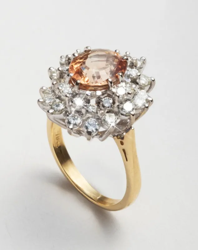 Vintage 1940s 18k Gold Peach Sapphire and Diamond Halo Ring sold by Alexis Bittar