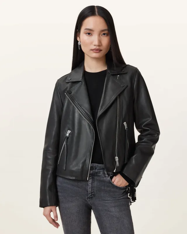 AllSaints Dalby Slim Fit Leather Biker Jacket,, Black, Size: UK 8/US 4 sold by All Saints