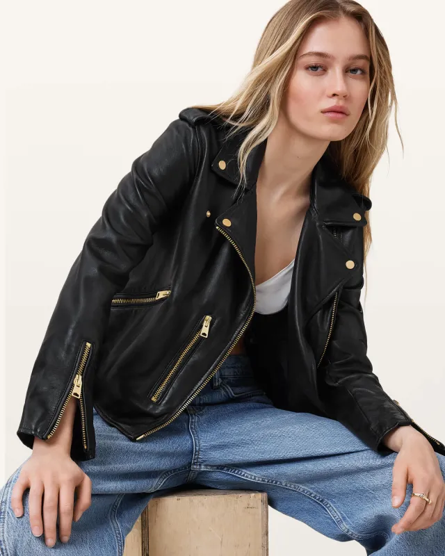 AllSaints Balfern Leather Biker Jacket,, Black/Gold, Size: UK 14/US 10 sold by All Saints