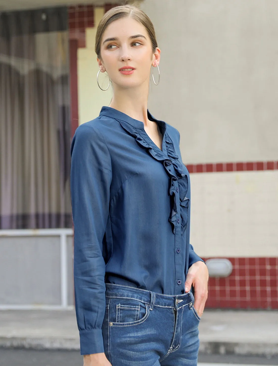 Ruffled Neck Button Up Long Sleeve Denim Chambray Blouse Shirt sold by Allegra K product image thumbnail 3