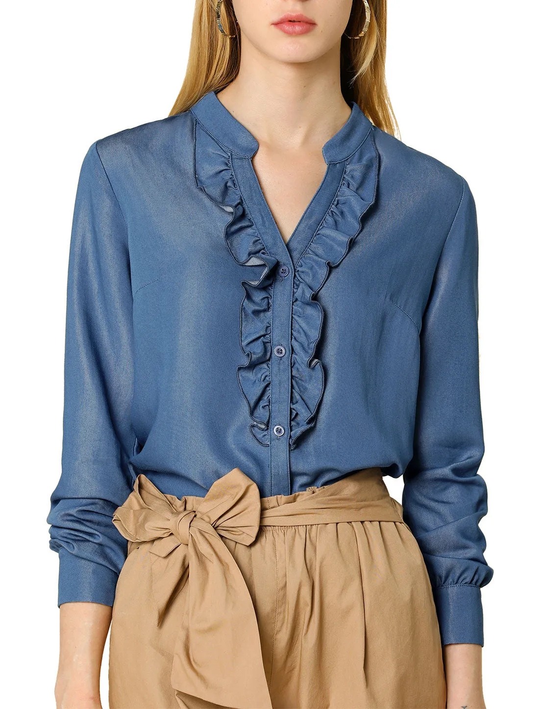 Ruffled Neck Button Up Long Sleeve Denim Chambray Blouse Shirt sold by Allegra K product image thumbnail 2