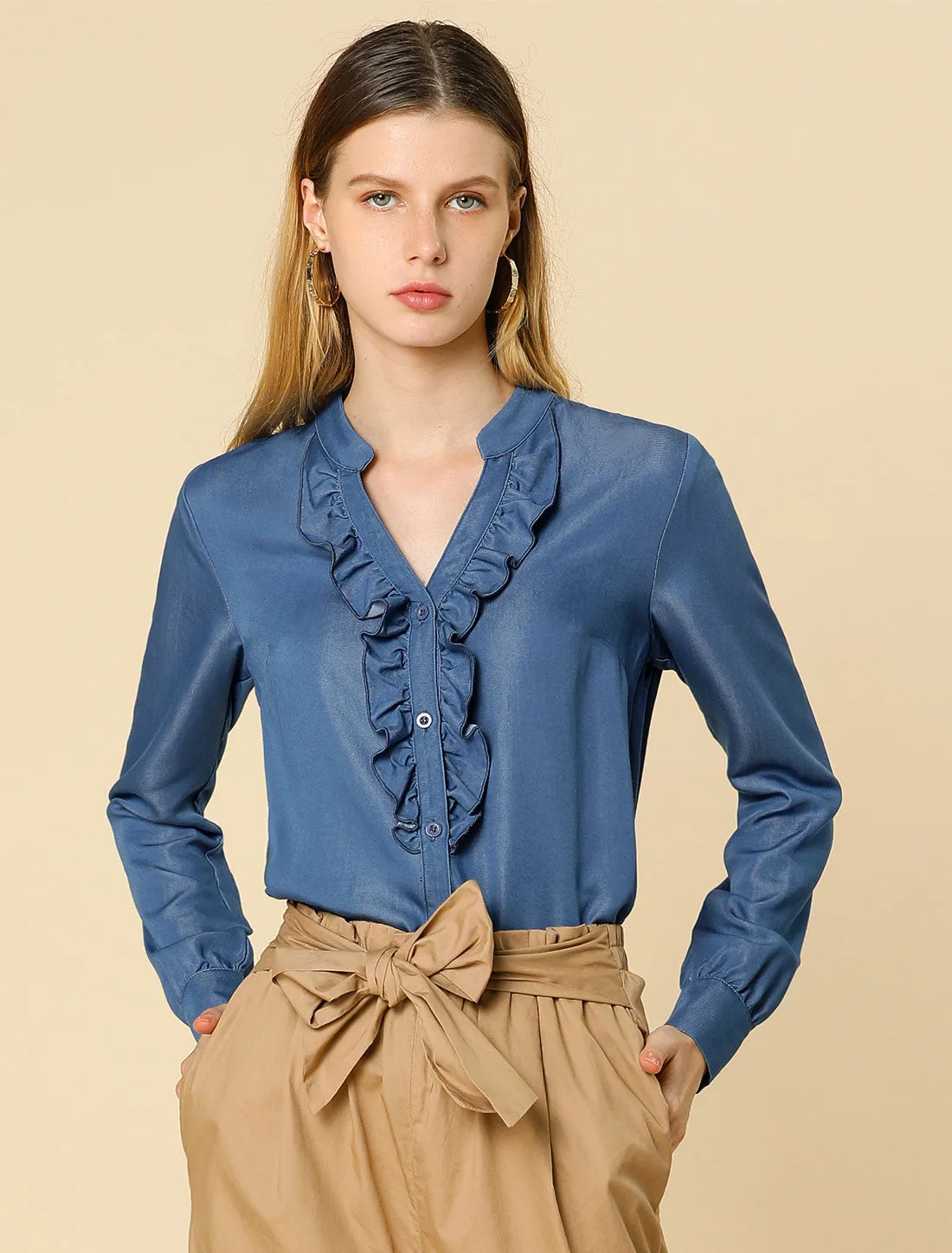 Ruffled Neck Button Up Long Sleeve Denim Chambray Blouse Shirt sold by Allegra K product image thumbnail 4
