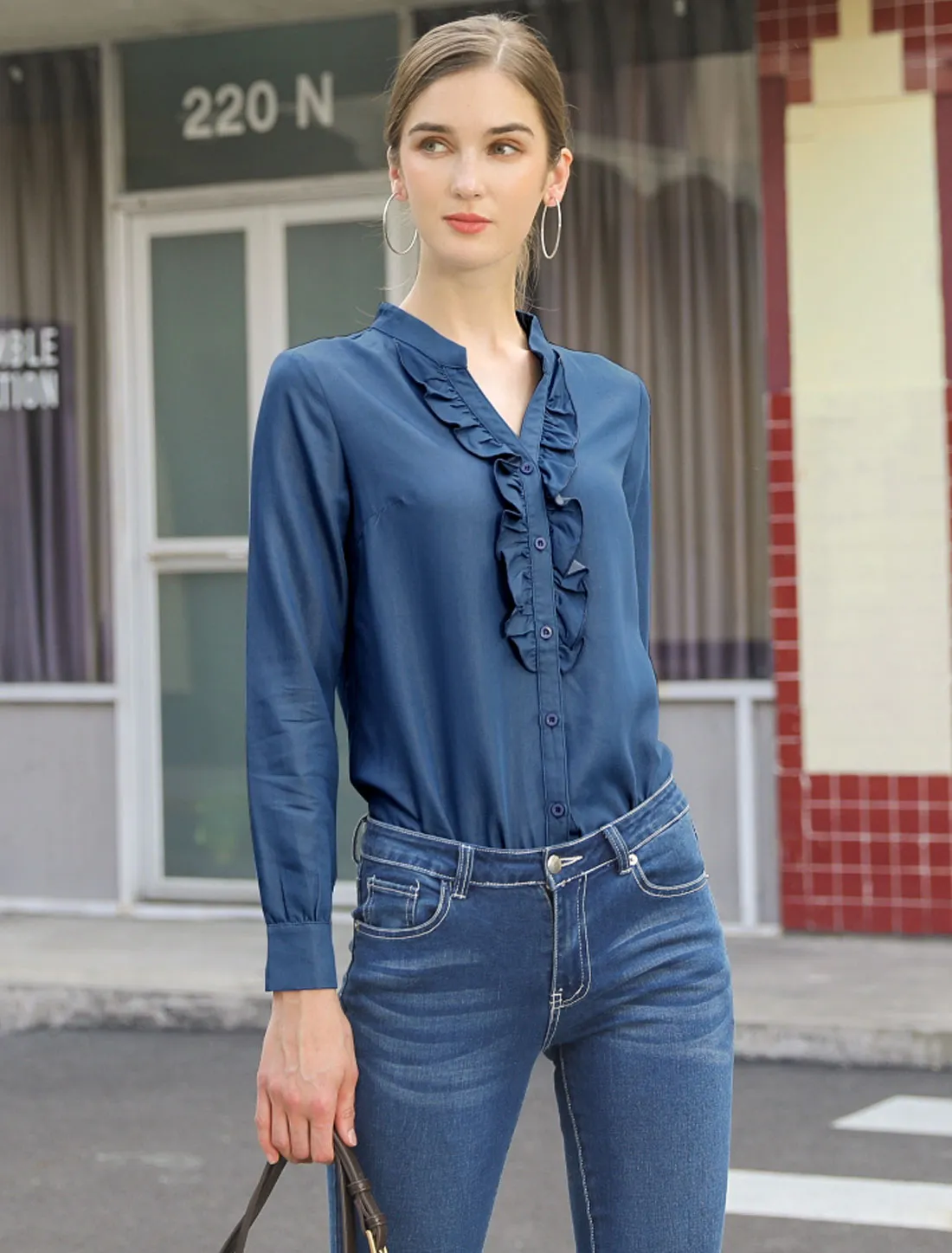 Ruffled Neck Button Up Long Sleeve Denim Chambray Blouse Shirt sold by Allegra K